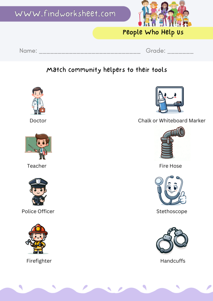 People Who Help Us Worksheet - Match community helpers to their tools