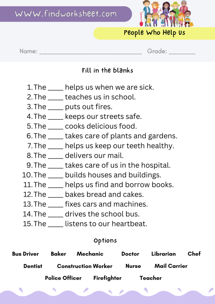 People Who Help Us Worksheet - Fill in the blanks