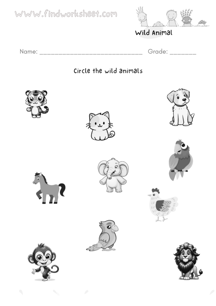 Wild Animals Worksheet - 1 ( Black & White )