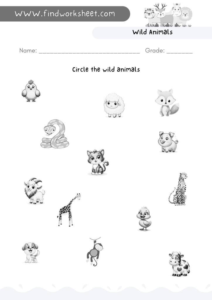 Wild Animals Worksheet - 2 ( Black & White )